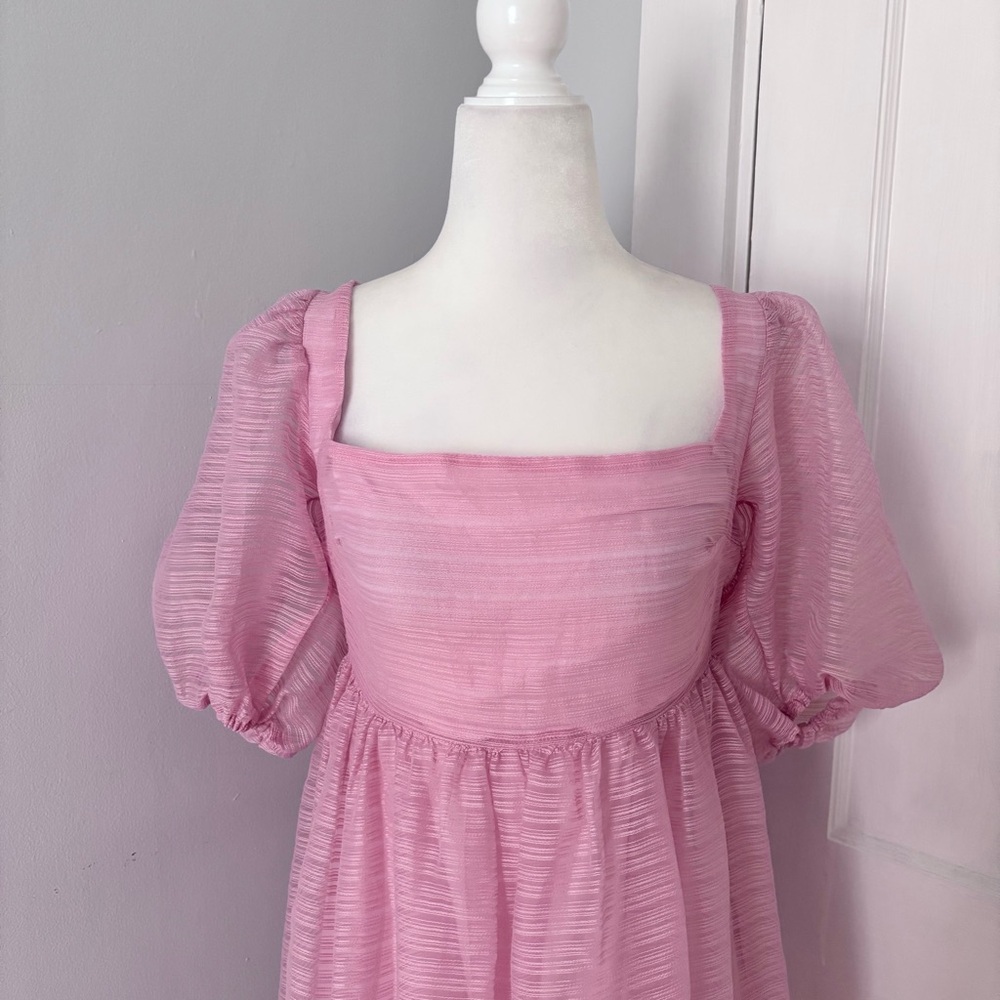 BHLDN x Free People Alaine Dress Mini Puff Sleeve Bow Back Square Neck Pink - Picture 3 of 7